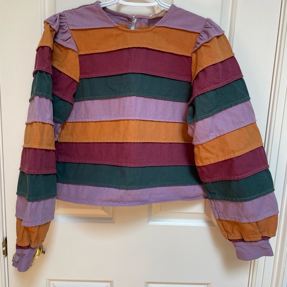 Sezane Tops - Sézane sz 34 Patchwork long sleeve women’s top burgundy goldenrod mauve frill